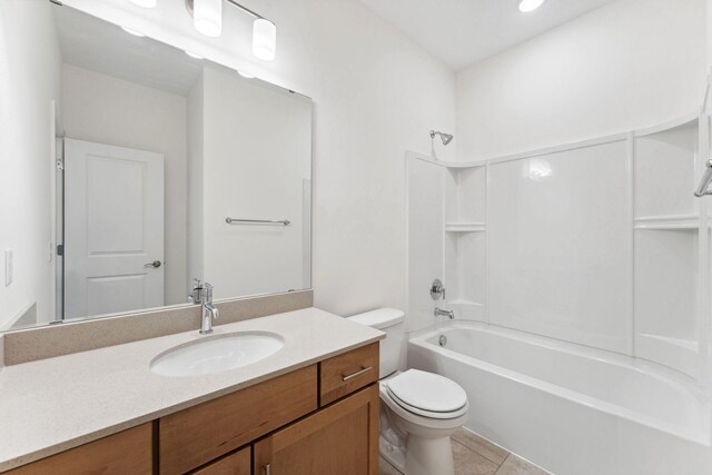 17729 Everest Ave, Lakeville, MN 55044 - bathroom with toilet, vanity, shower / tub combination, and tile patterned flooring