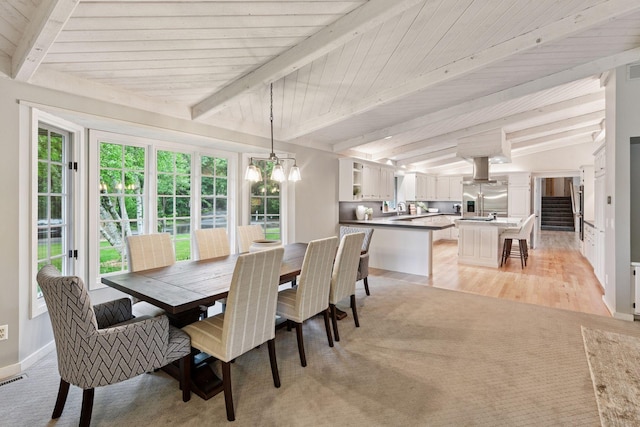 461 Peavey Ln, Wayzata, MN 55391 - dining area with a chandelier, light carpet, and wood ceiling