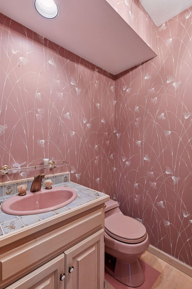 461 Peavey Ln, Wayzata, MN 55391 - half bath featuring wallpapered walls, wood finished floors, and vanity