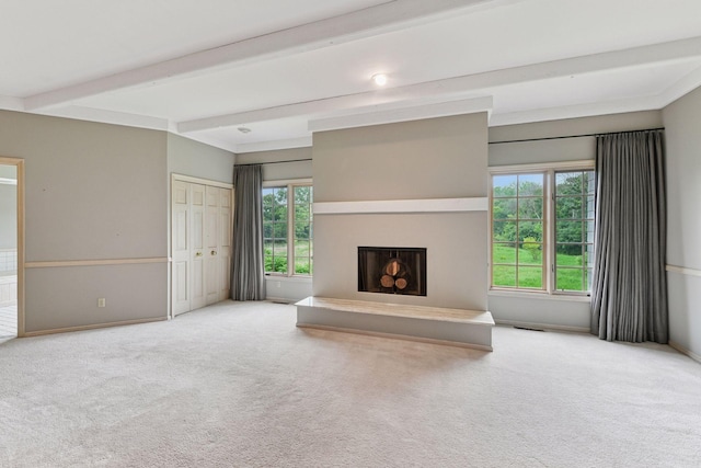 461 Peavey Ln, Wayzata, MN 55391 - unfurnished living room with carpet, a fireplace with raised hearth, and beamed ceiling