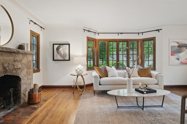living area with wood finished floors, ornamental molding, a stone fireplace, and baseboards