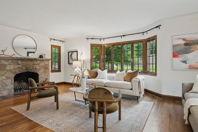 living room with ornamental molding, healthy amount of natural light, wood-type flooring, and baseboards