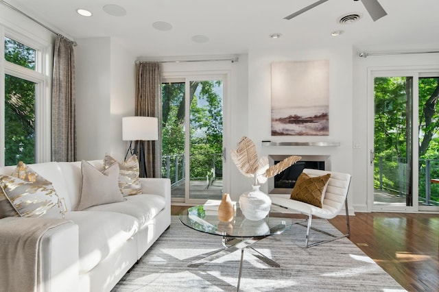 living area featuring wood finished floors, ceiling fan, and a fireplace