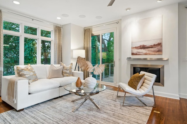 living room with healthy amount of natural light, wood finished floors, a fireplace, baseboards, and recessed lighting
