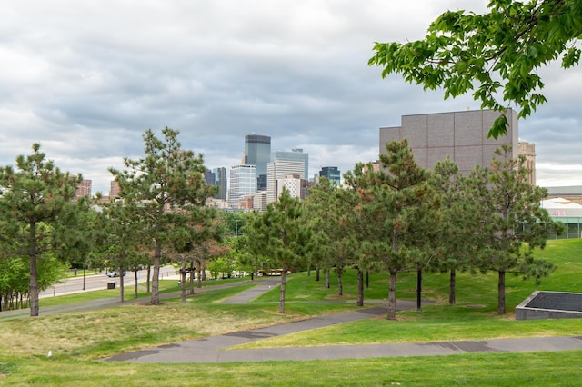 view of property's community featuring a city view and a lawn