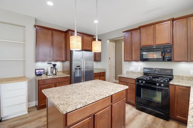 20024 Fern Glen Ln N, Forest Lake, MN 55025 - kitchen featuring black appliances, light wood-style flooring, a kitchen island, pendant lighting, and recessed lighting