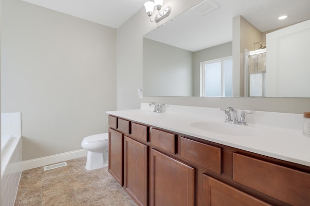 20024 Fern Glen Ln N, Forest Lake, MN 55025 - full bathroom with double vanity, baseboards, toilet, a shower with door, and a tub