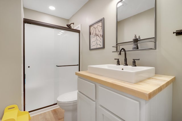 20024 Fern Glen Ln N, Forest Lake, MN 55025 - bathroom featuring a shower stall, wood finished floors, vanity, toilet, and recessed lighting