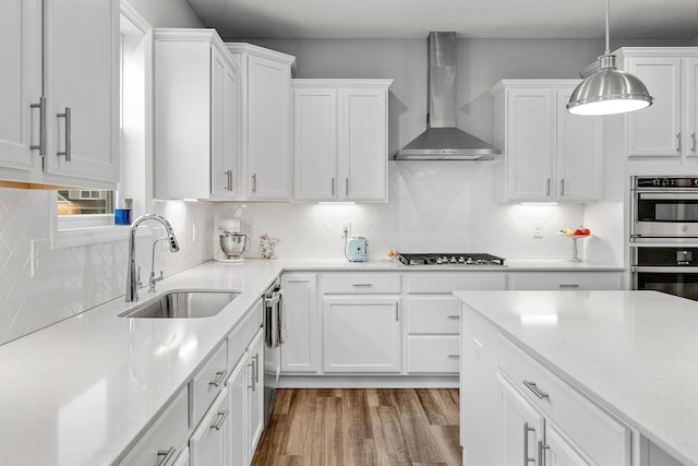 kitchen with a sink, white cabinetry, wall chimney range hood, and stainless steel appliances