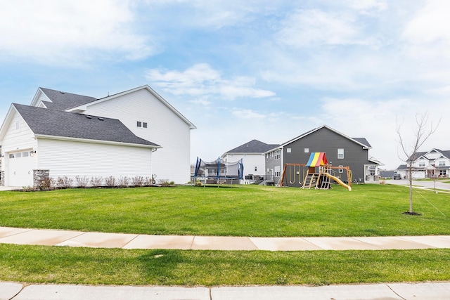 view of home's exterior with a lawn, a playground, a residential view, and a trampoline