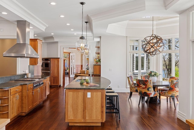 kitchen featuring open shelves, island range hood, dark wood-type flooring, a chandelier, and a sink
