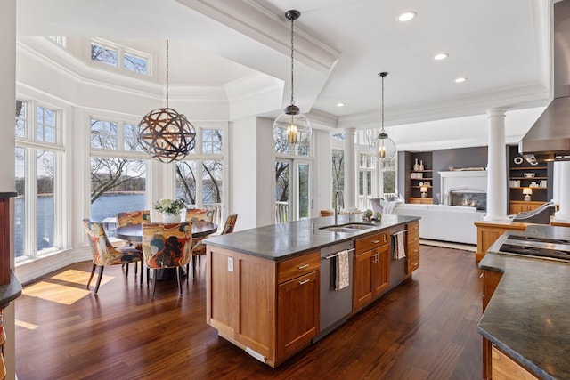 kitchen with plenty of natural light, decorative columns, dishwasher, a sink, and a glass covered fireplace