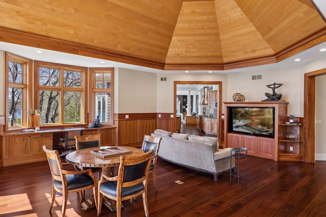 dining space featuring a wainscoted wall, wooden ceiling, wood finished floors, vaulted ceiling, and visible vents