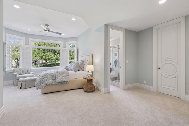 bedroom featuring baseboards, carpet, and recessed lighting