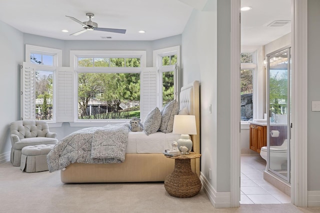 living area with baseboards, a ceiling fan, recessed lighting, and visible vents