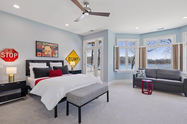 carpeted bedroom with access to exterior, recessed lighting, and visible vents