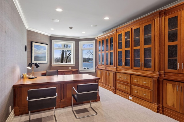 office featuring crown molding, recessed lighting, and carpet floors