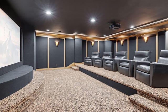 carpeted home theater with recessed lighting