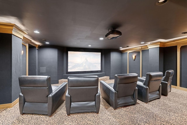 home theater with carpet floors, recessed lighting, and baseboards
