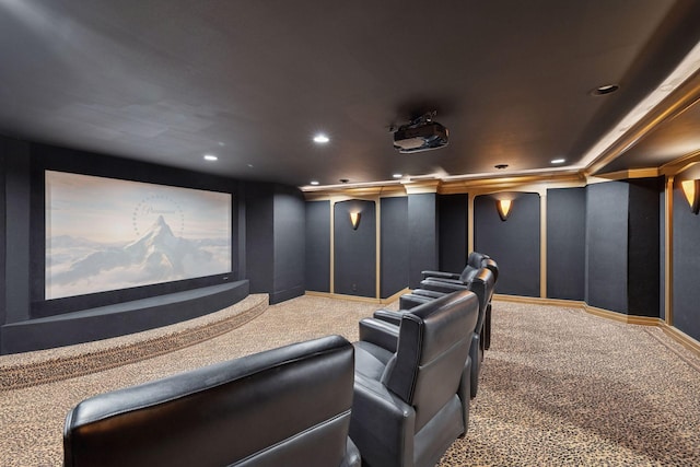 cinema with carpet floors, recessed lighting, and baseboards