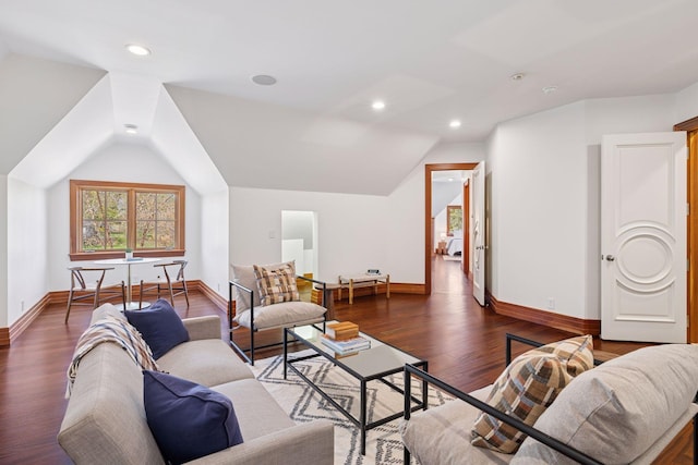 living room with recessed lighting, baseboards, wood finished floors, and lofted ceiling