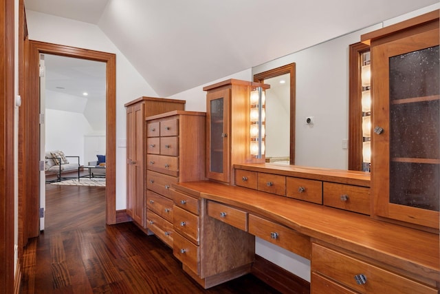 interior space featuring vanity, wood finished floors, and lofted ceiling