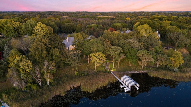 aerial view at dusk with a water view and a forest view