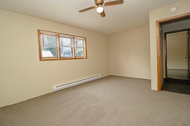 unfurnished bedroom with baseboard heating, ceiling fan, and carpet
