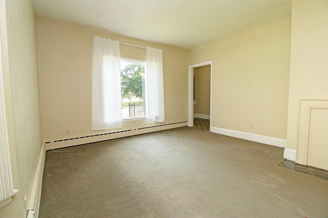 carpeted empty room featuring baseboard heating, a baseboard radiator, and baseboards