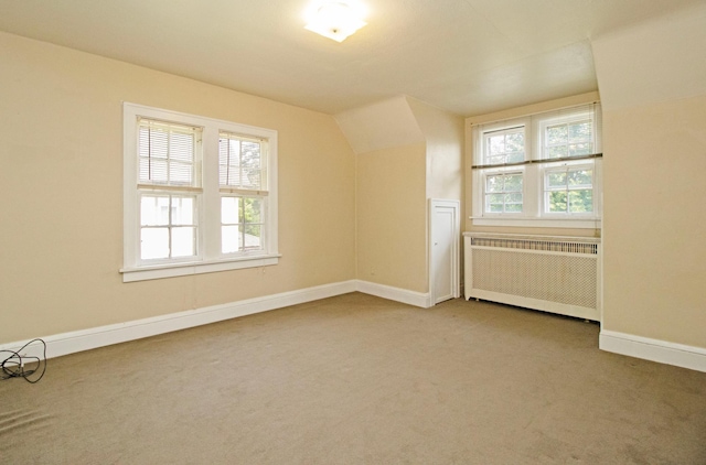 additional living space with carpet flooring, baseboards, radiator, and a healthy amount of sunlight