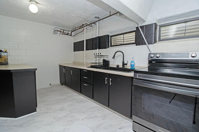kitchen with a sink, light countertops, electric stove, dark cabinets, and concrete block wall