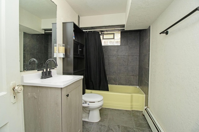 bathroom with vanity, toilet, baseboard heating, shower / tub combo, and tile patterned floors