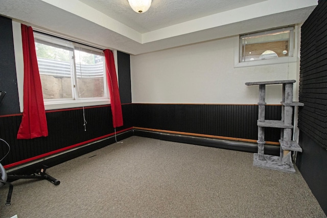 unfurnished room featuring a wainscoted wall and carpet