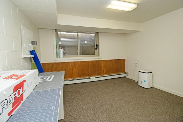 finished basement with carpet and baseboard heating
