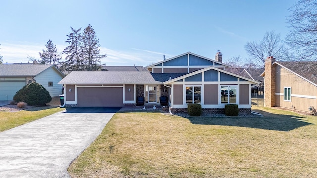 view of front facade with an attached garage, a shingled roof, a front lawn, and aphalt driveway