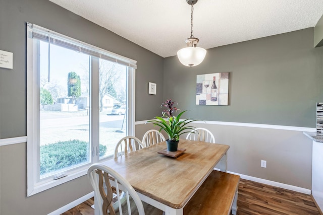 dining space with baseboards, a textured ceiling, and dark wood finished floors