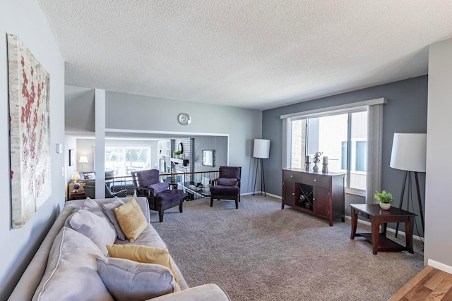 carpeted living area featuring baseboards and a textured ceiling