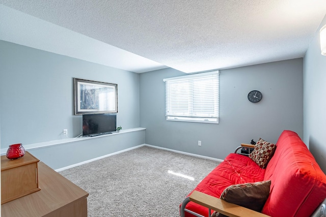 living area featuring baseboards, carpet, and a textured ceiling