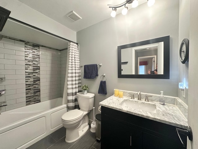 full bathroom with toilet, shower / bathtub combination with curtain, vanity, and visible vents