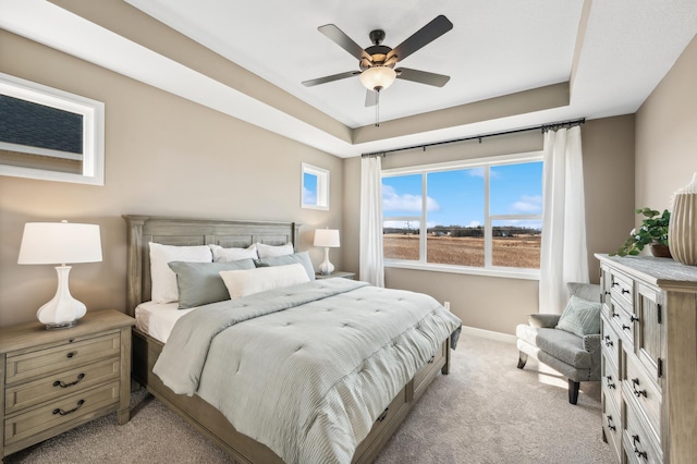 548 Mallard St NE, Hanover, MN 55341 - bedroom with light colored carpet, a tray ceiling, and a ceiling fan