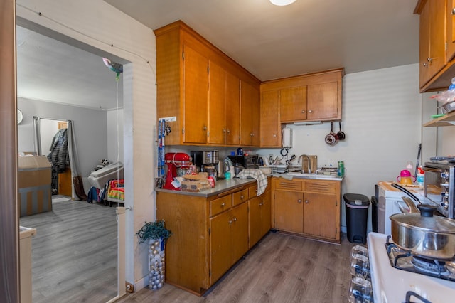kitchen featuring brown cabinetry, a sink, light wood finished floors, and light countertops