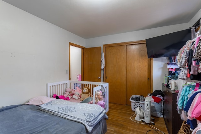 bedroom with wood finished floors and a closet