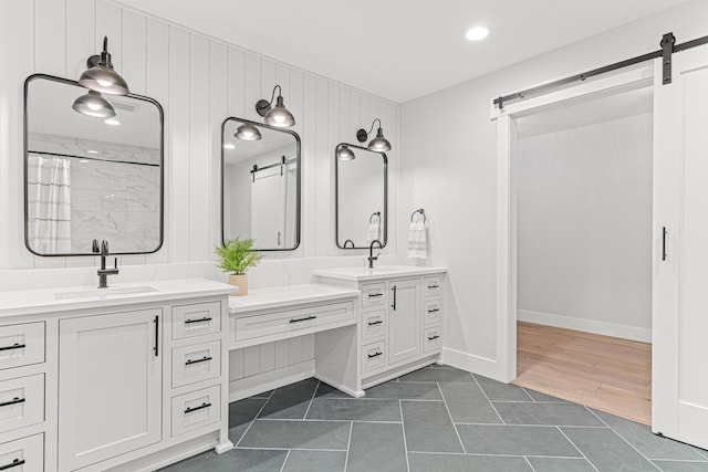 full bathroom with baseboards, a shower with shower curtain, recessed lighting, vanity, and tile patterned flooring