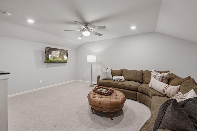 living room with carpet floors, lofted ceiling, baseboards, ceiling fan, and recessed lighting