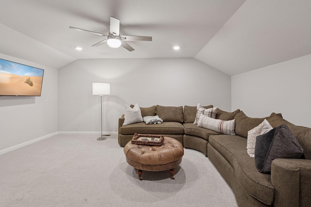 2422 Blossom Cir, Orono, MN 55356 - living room with vaulted ceiling, carpet floors, baseboards, a ceiling fan, and recessed lighting