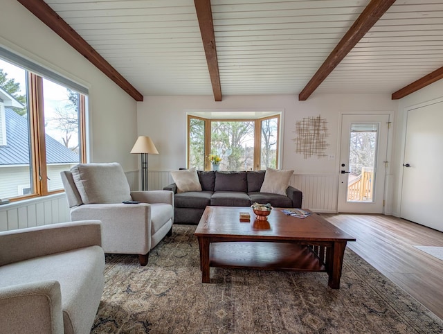 45257 Jack Pine Dr, Perham Twp, MN 56573 - living area with wood finished floors, plenty of natural light, beamed ceiling, and wainscoting