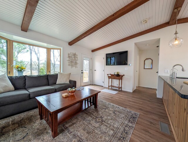 45257 Jack Pine Dr, Perham Twp, MN 56573 - living room featuring wood finished floors, baseboards, and wood ceiling