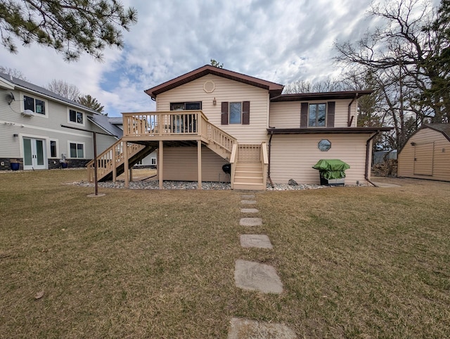 45257 Jack Pine Dr, Perham Twp, MN 56573 - rear view of house with stairs, a wooden deck, a yard, and french doors