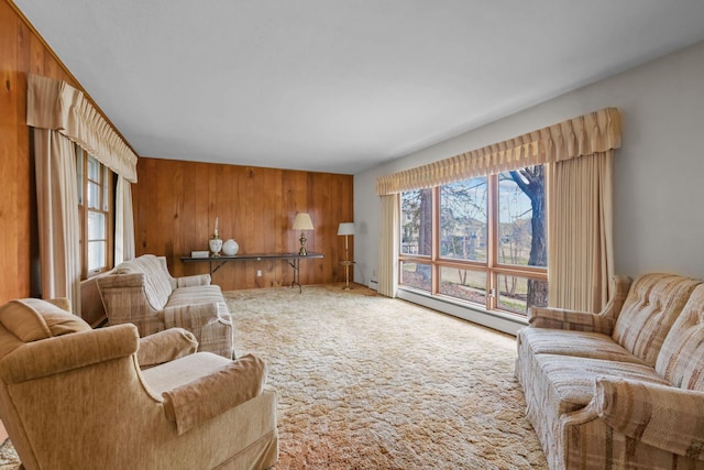 living room featuring a baseboard heating unit, carpet, a wealth of natural light, and wood walls
