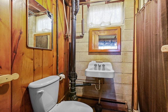 full bath with toilet, a shower with shower curtain, and a sink
